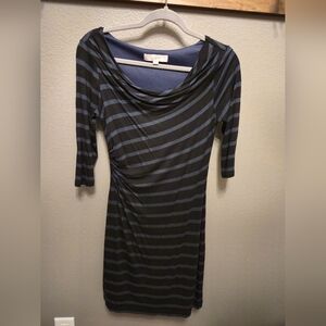 Loft Blue 3/4 sleeve dress size S Cowl Neck Stretchy Comfy Striped Lined